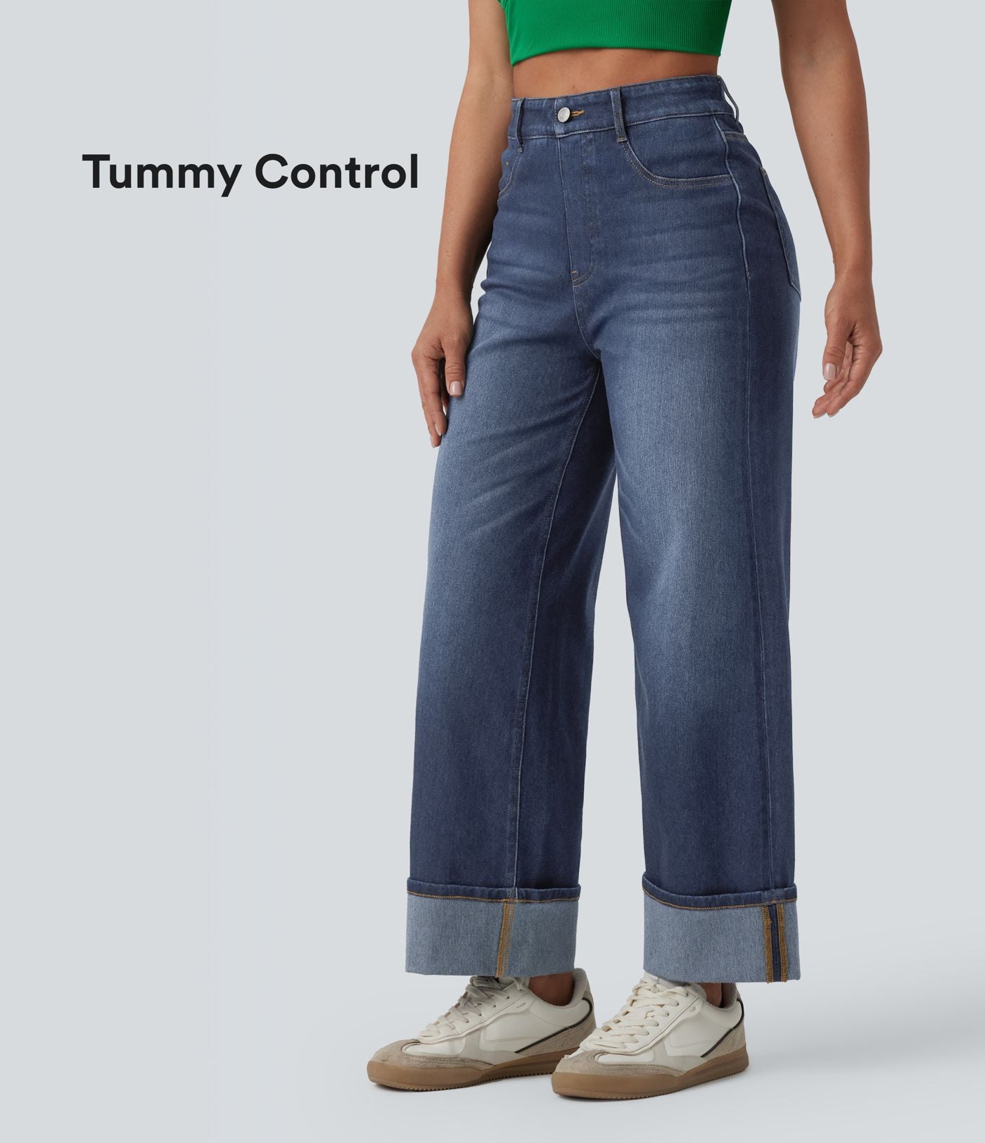 Jean large 7/8 décontracté Halara Flex™ délavé gainant taille haute ourlet roulotté avec poches