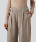 Pantalon décontracté droit côtelé, taille haute, avec poches et détail croisé