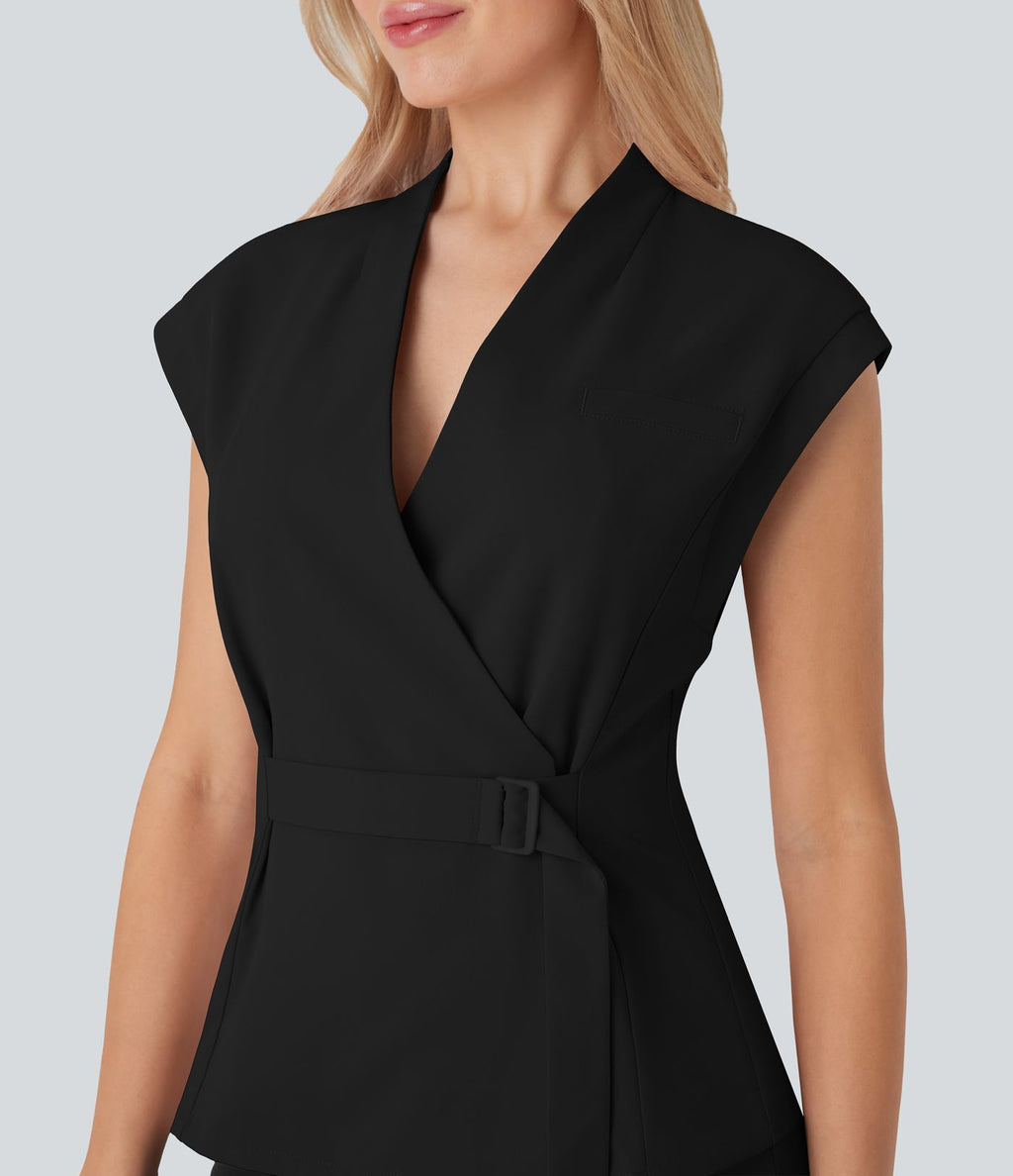 Veste short tailleur à col V, sans manches, portefeuille et ceinture