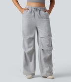 Pantalon large polaire taille haute avec cordon de serrage, fronces et poches