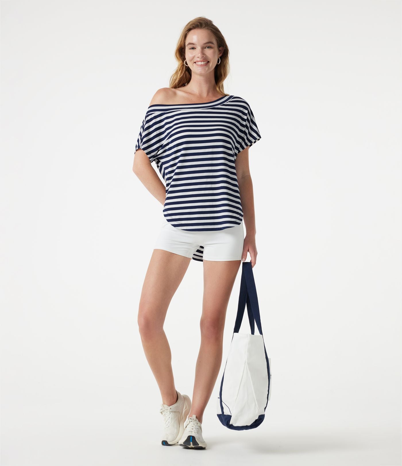 Top casual asymétrique épaule dénudée à rayures, manches courtes, ourlet incurvé et brassière intégrée