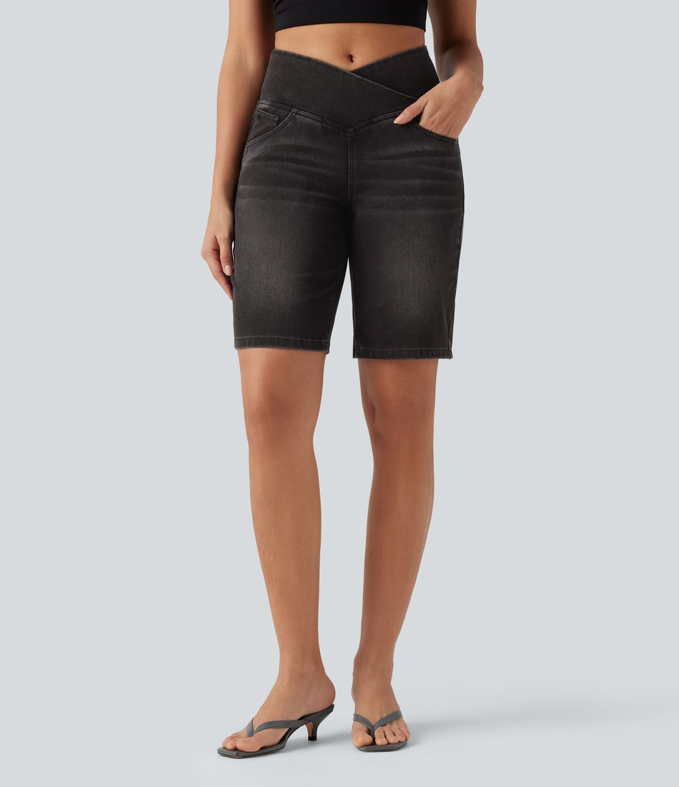 Short en jean Halara Flex™ casual gainant taille haute croisée avec poches