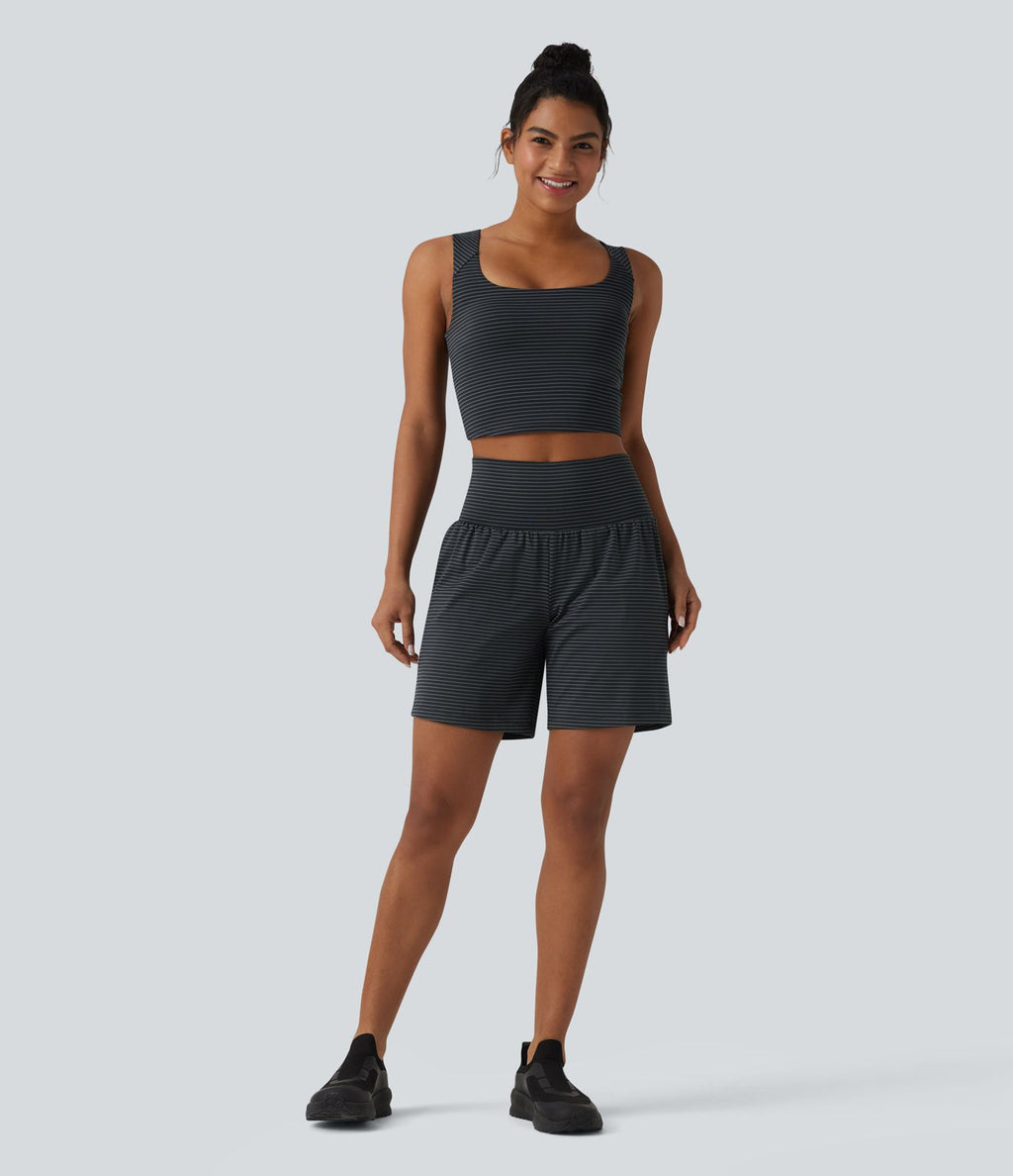 Short yoga 2-en-1 à rayures taille super haute 17,5 cm avec poches