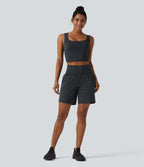 Short yoga 2-en-1 à rayures taille super haute 17,5 cm avec poches