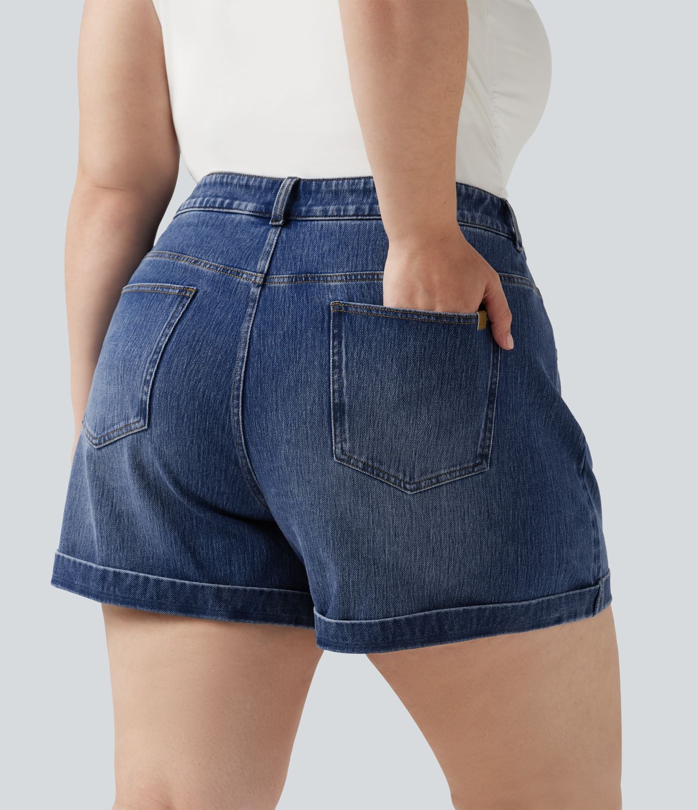 Short jean grande taille Halara Flex™ Denim casual taille mi-haute, ourlets retroussés, avec poches, 12,7 cm