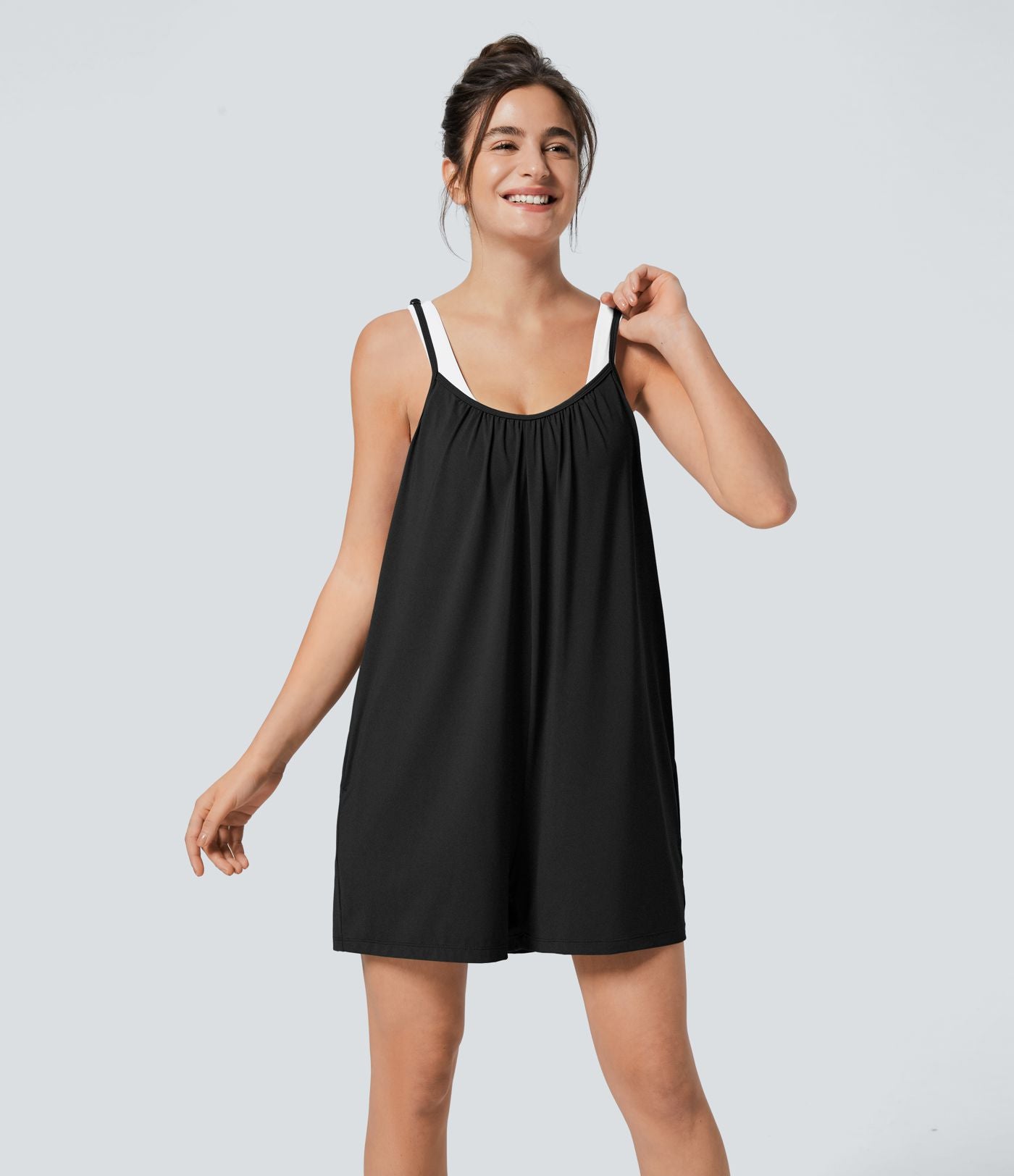 Combinaison Large Casual à Jambes Larges Solide avec Fines Bretelles Réglables Poches Latérales Plissées