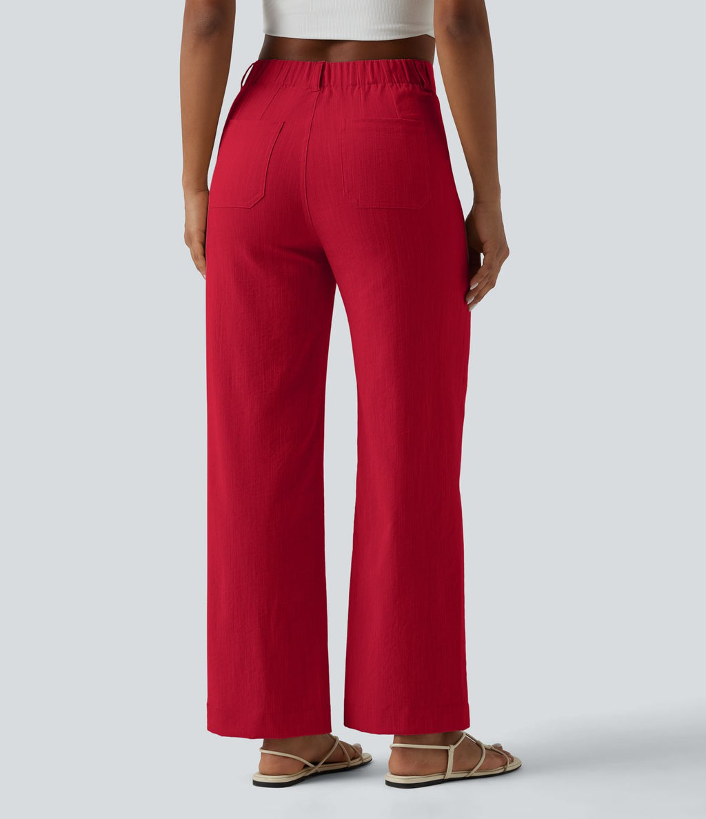 Pantalon taille haute coupe droite effet lin avec poches