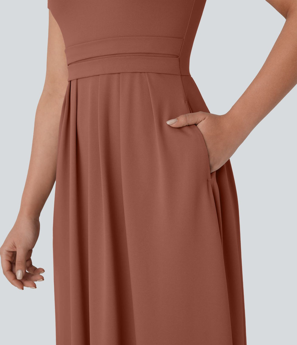 Robe longue décontractée à col montant, manches courtes et poches latérales