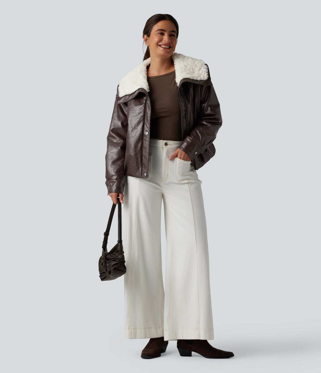 Veste casual en simili cuir à col en fausse fourrure et fermeture éclair avec poches
