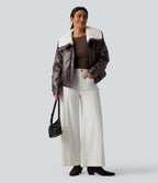 Veste casual en simili cuir à col en fausse fourrure et fermeture éclair avec poches