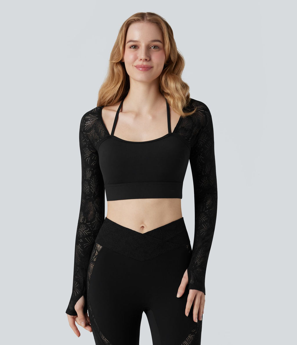 Top yoga court SoftlyZero™ dentelle contrastante dos nu manches longues avec trous pouces