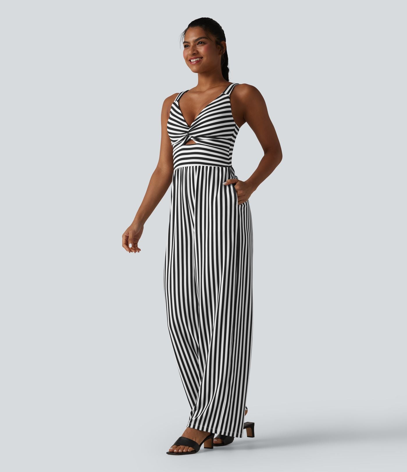 Combinaison casual sans manches à rayures en nid d'abeille torsadée froncée fermeture éclair invisible avec soutien-gorge intégré et poches - Easy Peasy