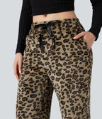 Pantalon large molleton imprimé léopard taille mi-haute avec cordon de serrage et poches