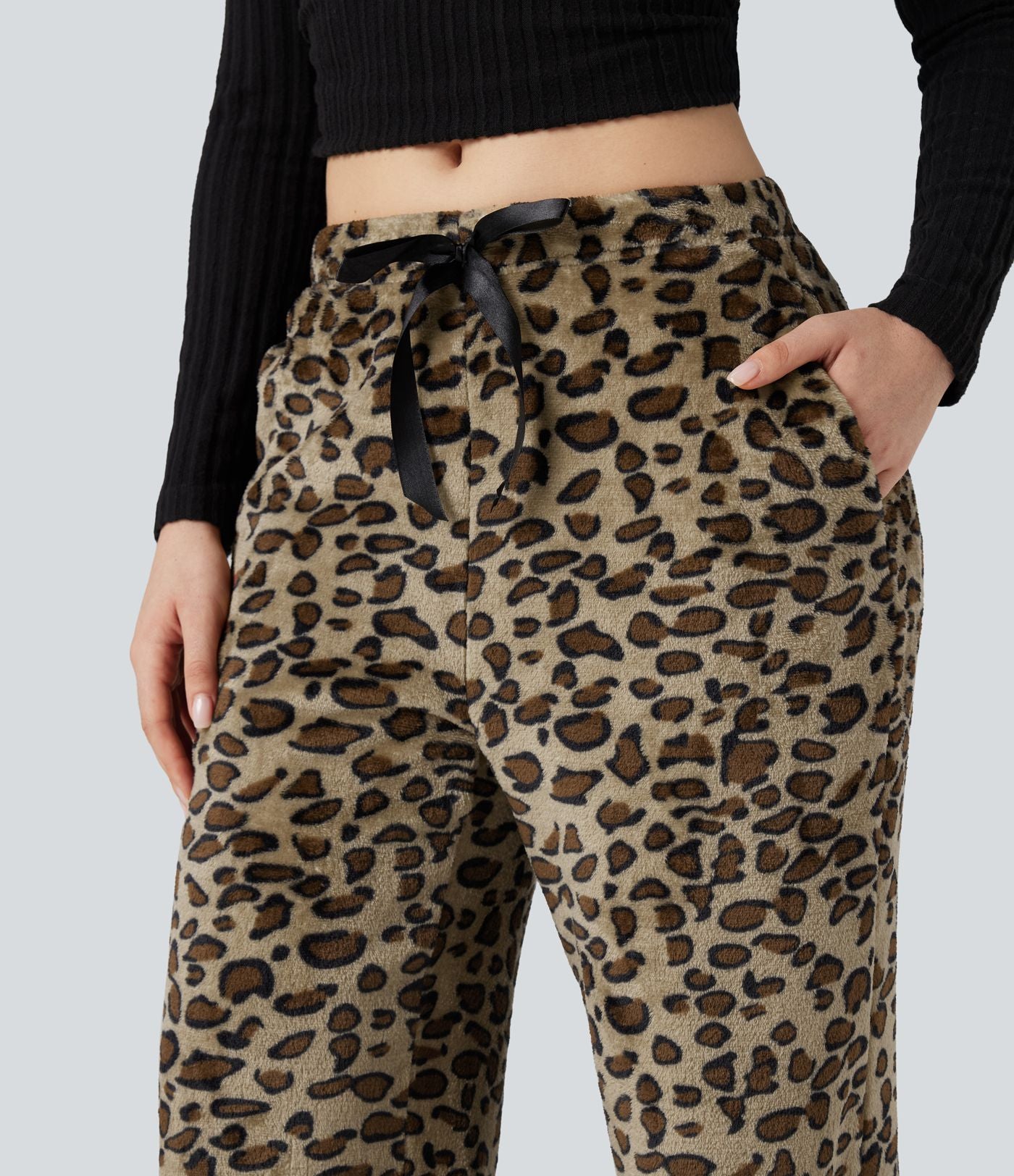 Pantalon large molleton imprimé léopard taille mi-haute avec cordon de serrage et poches
