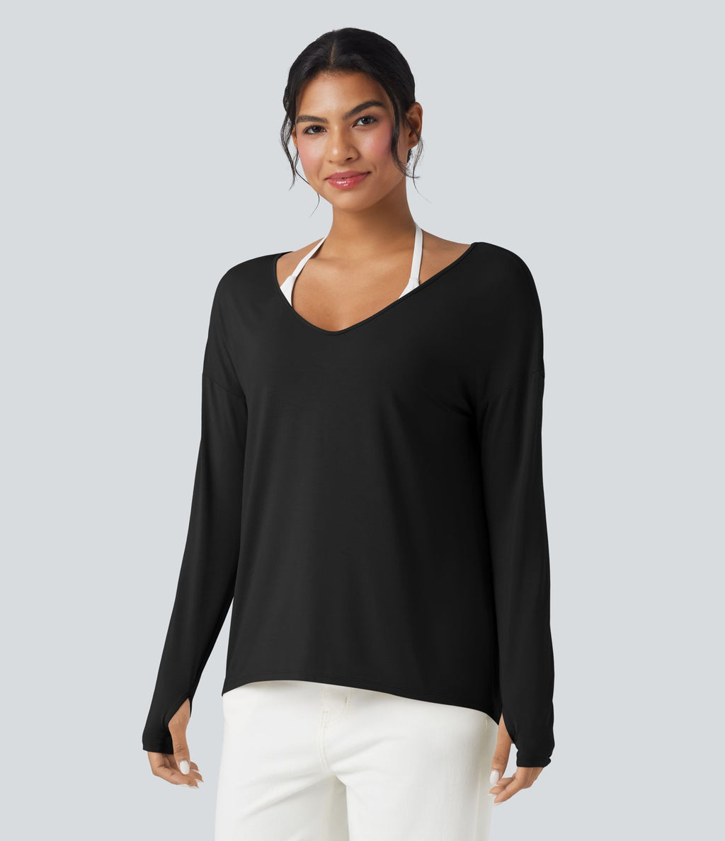 T-shirt décontracté col V profond manches longues à trous pouces coupe décontractée - Réversible devant et dos