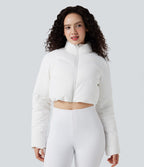 PuffFlex Manteau doudoune 3-en-1 court casual à col montant et veste à ourlet arrondi avec passants pouces et poche