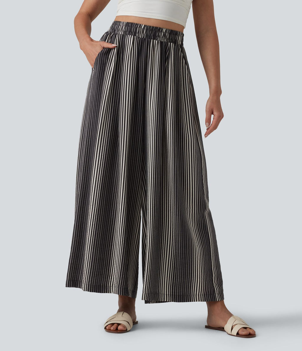 Pantalon large 7/8 taille haute à rayures avec poches
