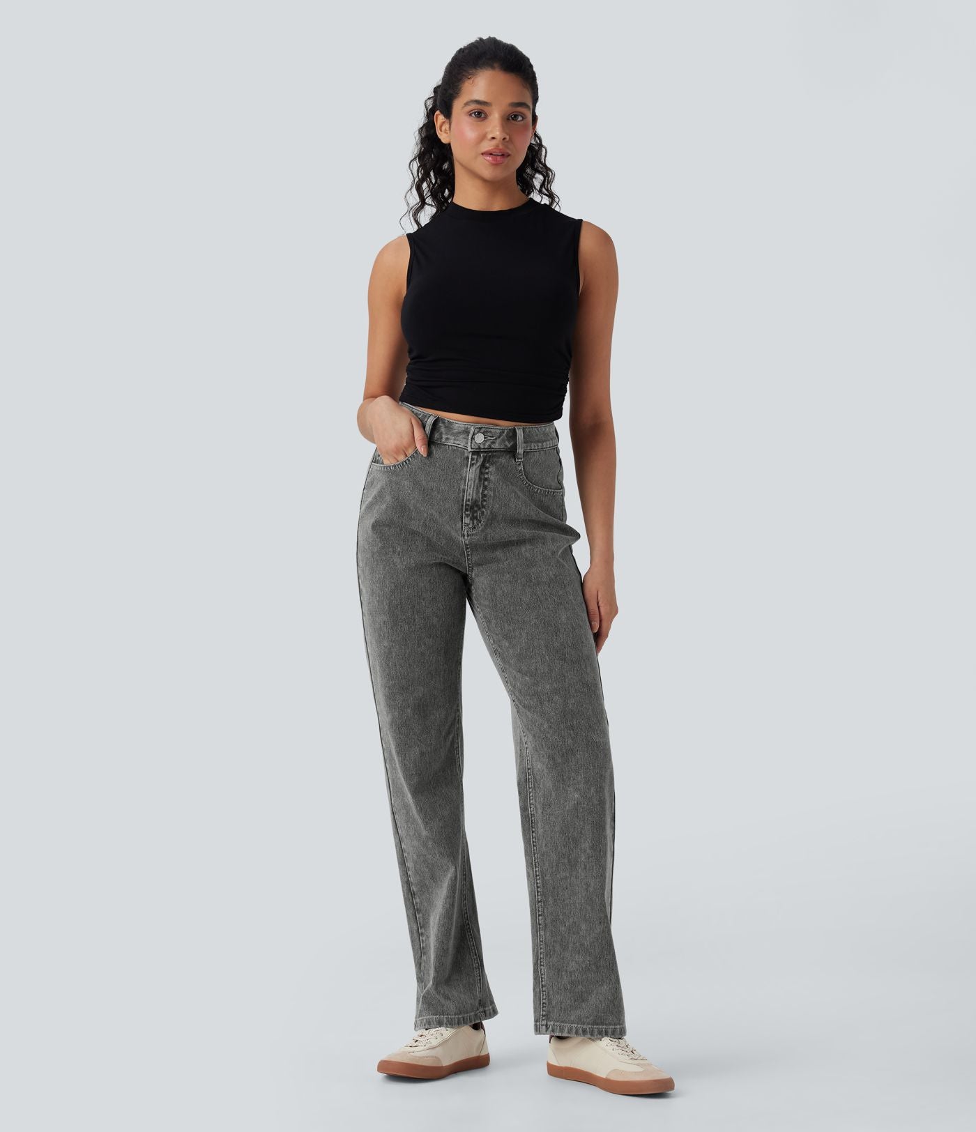 Halara Flex™ Jean droit extensible à taille haute avec bouton, fermeture éclair et poches multiples