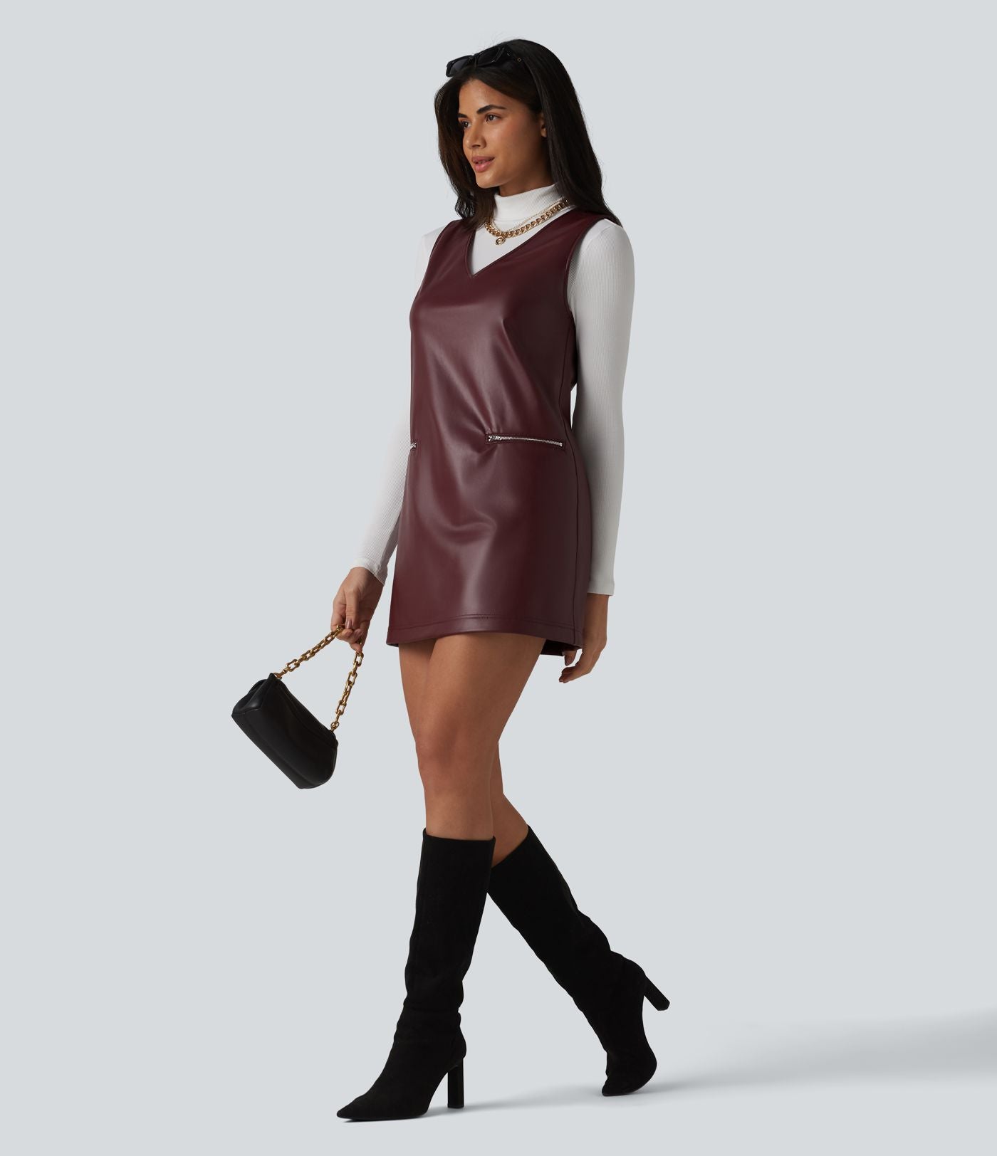 Robe de travail mini sans manches à col en V en polaire PU extensible avec poches
