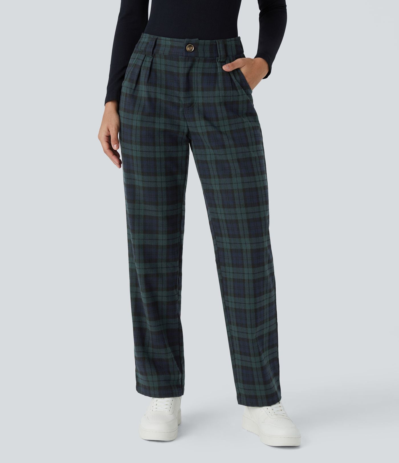 Pantalon Casual à Carreaux Taille Moyenne Avec Fermeture Eclair et Poche Latérale à Jambe Droite