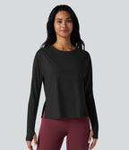 Top de sport running col rond fendu manches longues avec trous pouces