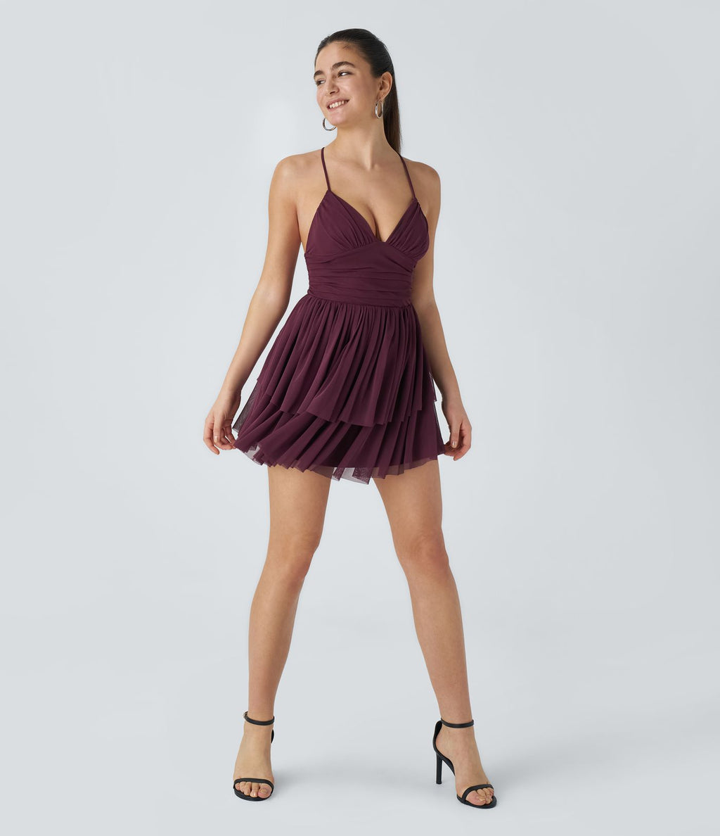 Robe Soirée Mini Superpositions en Maille avec Dos Nu Croisé Lacets