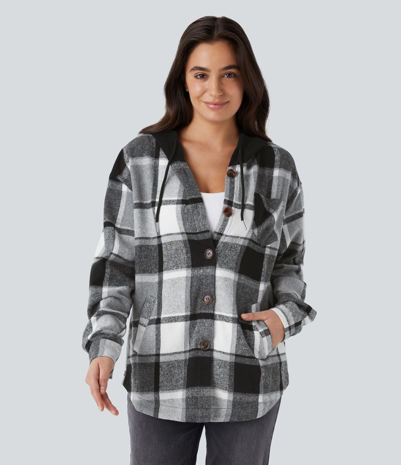 Veste de Casual à Carreaux en Polaire à Capuche avec Cordon de Serrage Boutons et Poches Latérales