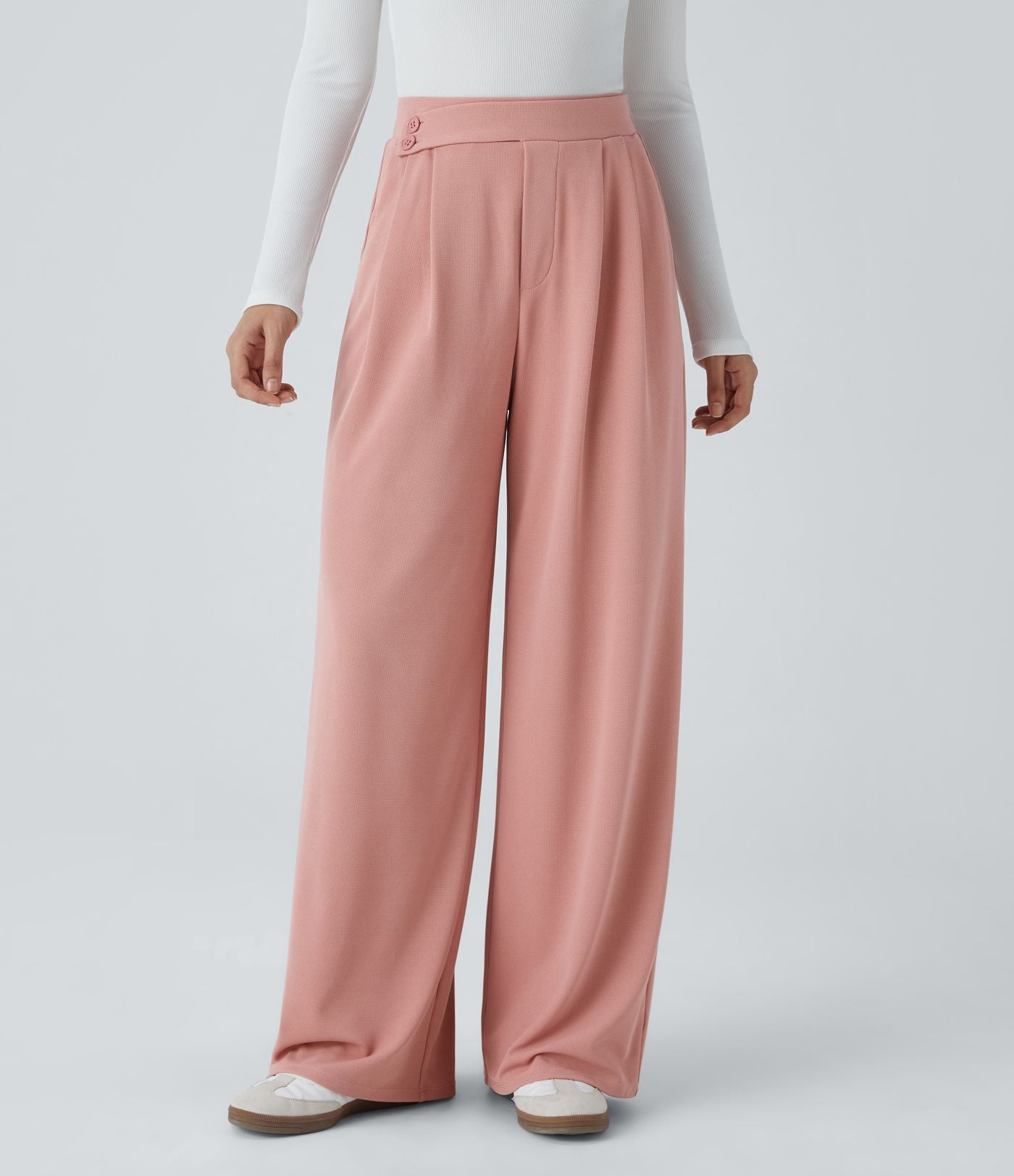 Pantalon taille haute décontracté large en maille gaufrée, avec poches