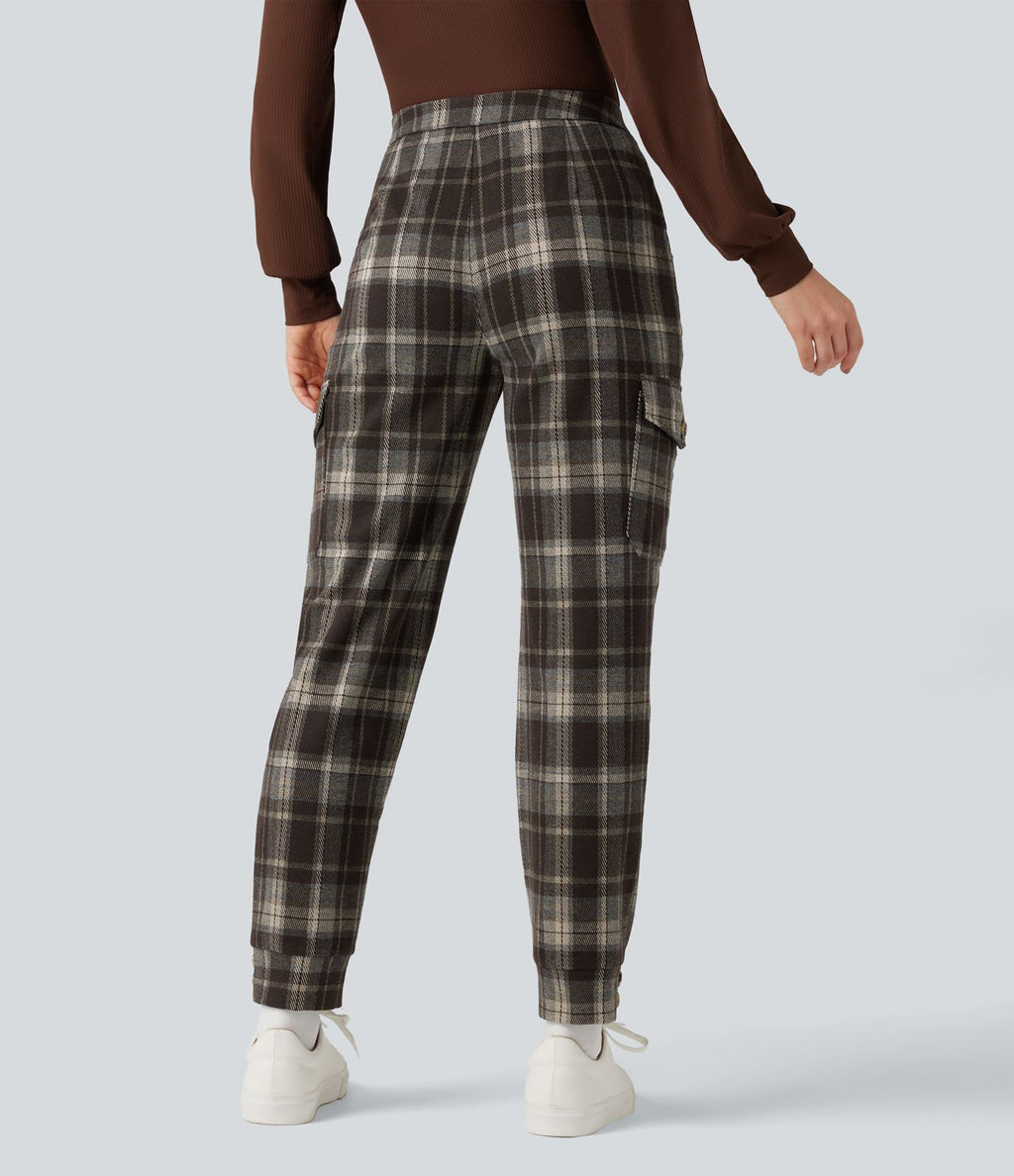 Jogging cargo tailleur carreaux taille mi-haute avec poches