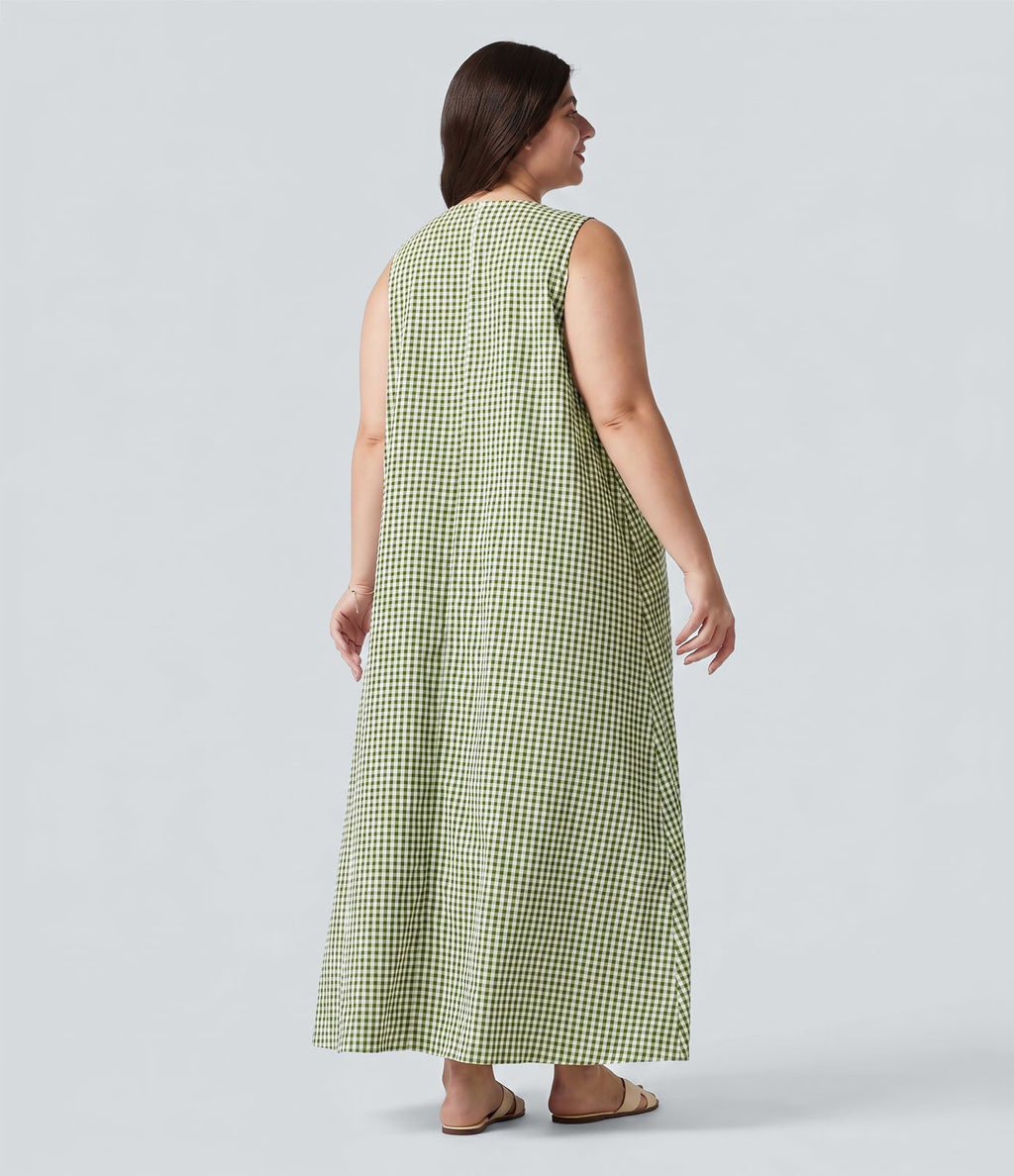 Robe débardeur midi sans manches col rond en vichy froissé grande taille à poches