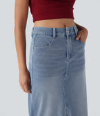Halara Flex™ Jupe en Jean longue décontractée extensible délavé taille moyenne avec fente et multiples poches