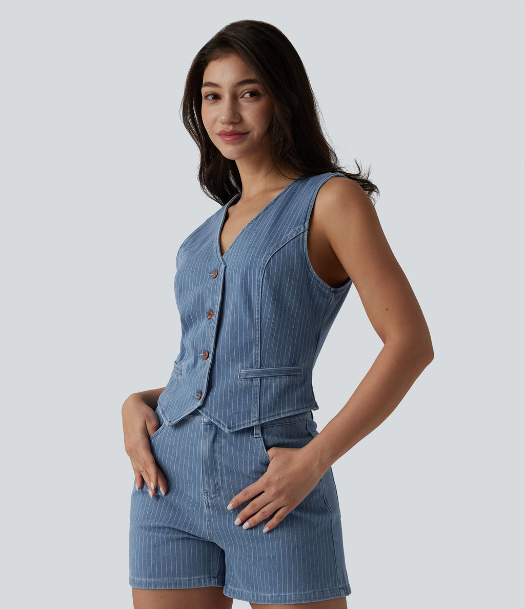 Gilet denim décontracté Halara Flex™ décolleté V profond boutonnage rayé