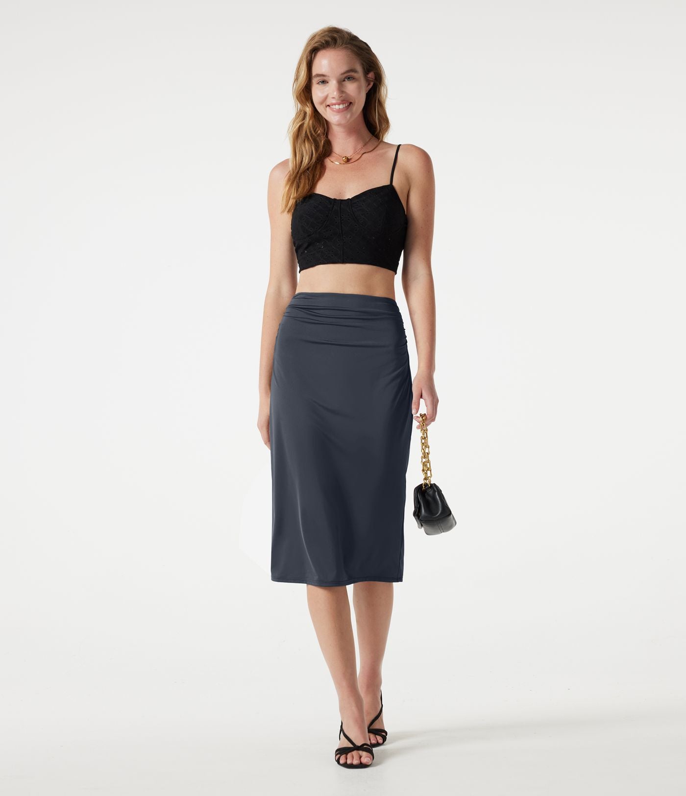 Jupe crayon midi décontracté taille haute extensible aspect satiné à effet frais InstantCool avec fronces