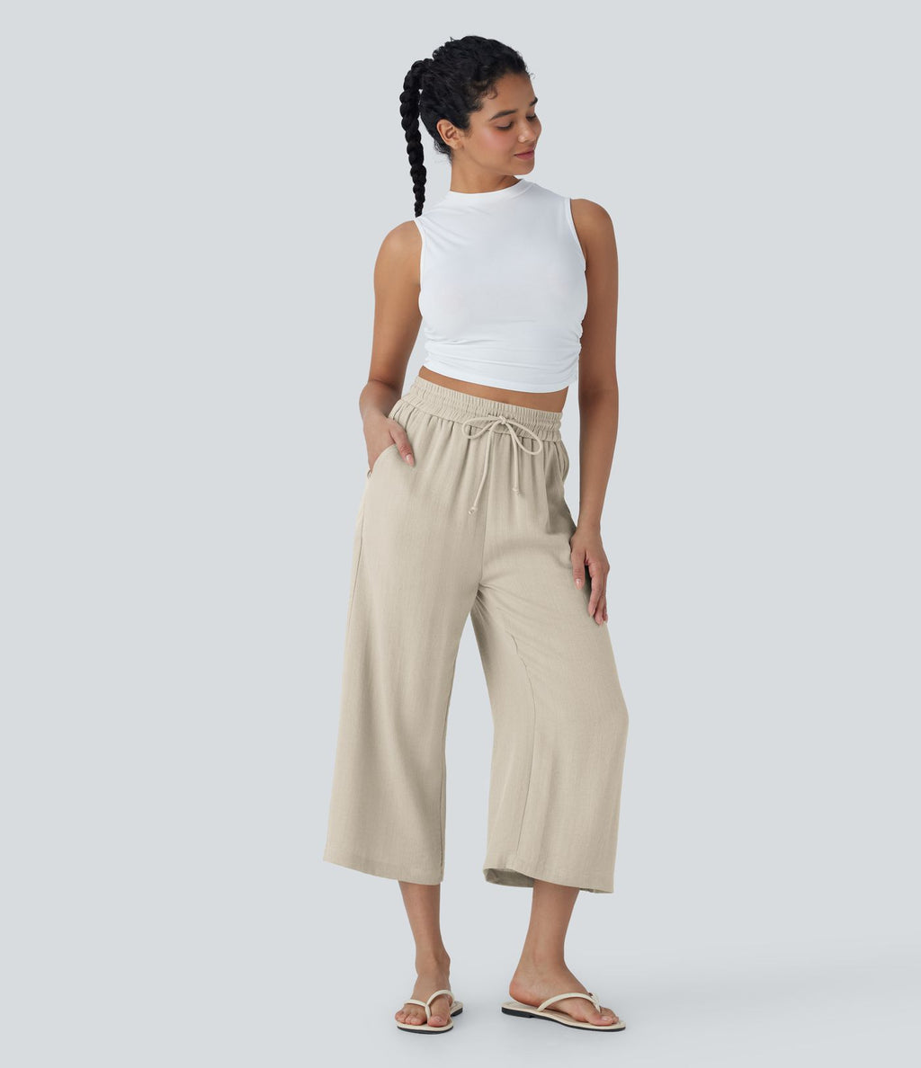 Pantalon décontracté aspect lin 7/8 à taille haute, jambe large avec cordon de serrage et poches latérales