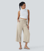 Pantalon décontracté aspect lin 7/8 à taille haute, jambe large avec cordon de serrage et poches latérales