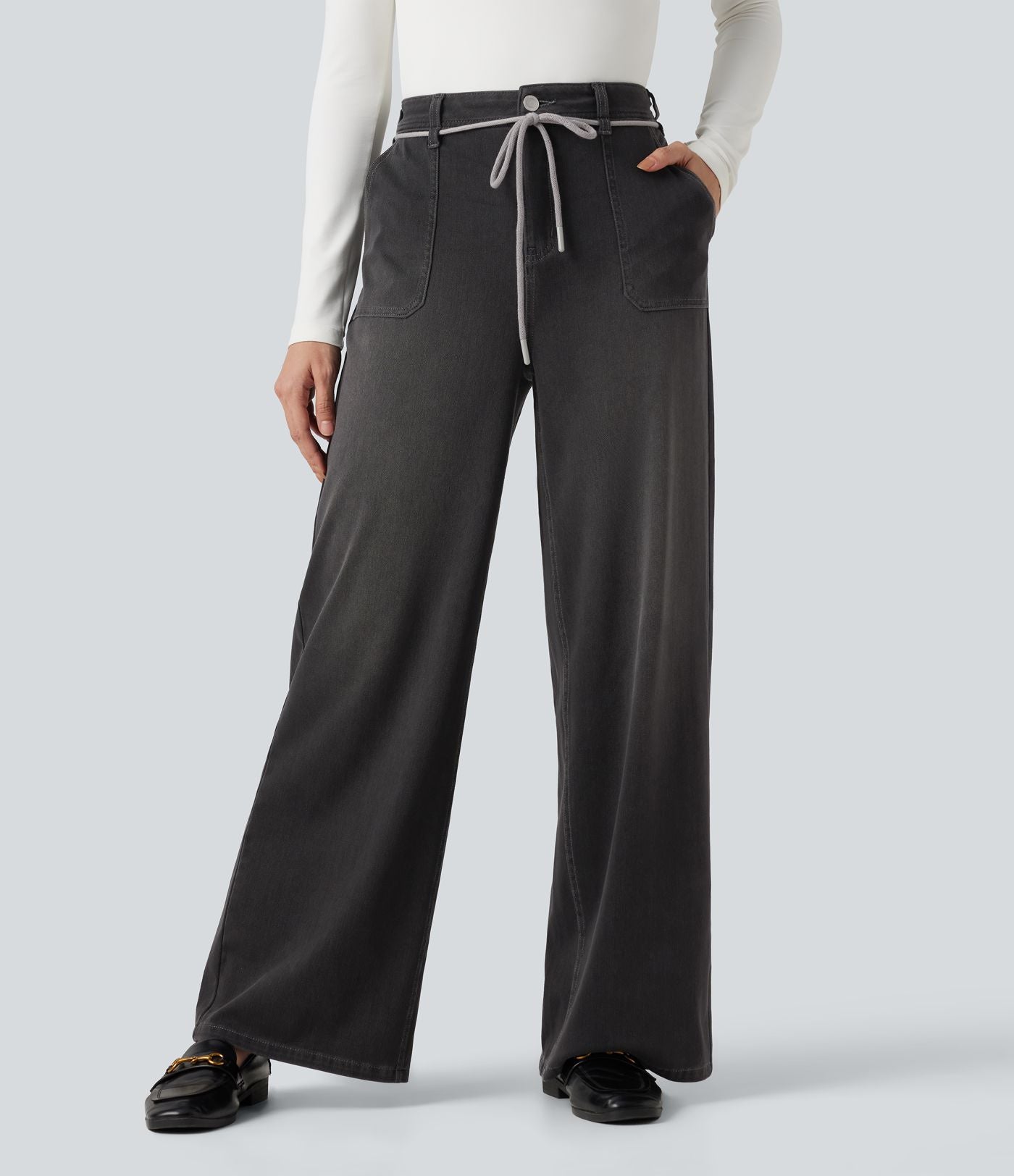 Jean droit baggy Halara Flex™ taille mi-haute avec cordon ajustable et poches