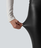 Pantalon évasé décontracté gainant taille haute extensible en molleton PU avec poches