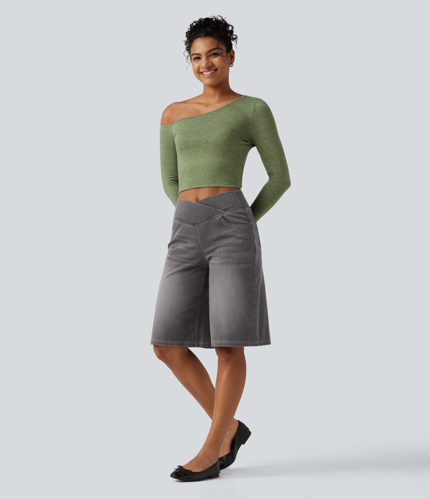 Short en jean ample Halara Flex™ taille haute croisé gainant décontracté avec poches