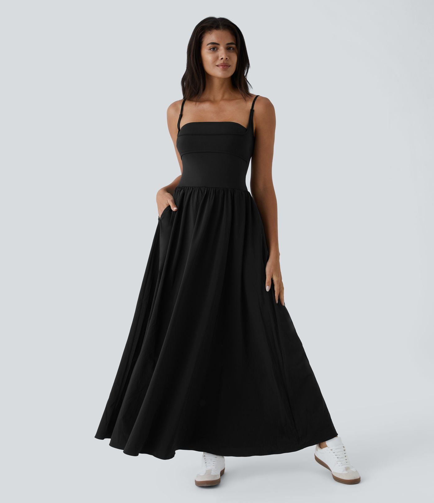 Breezeful™ Robe Débardeur Casual Dos Nu Poches Latérales Plissée Évasée Longue Séchage Rapide