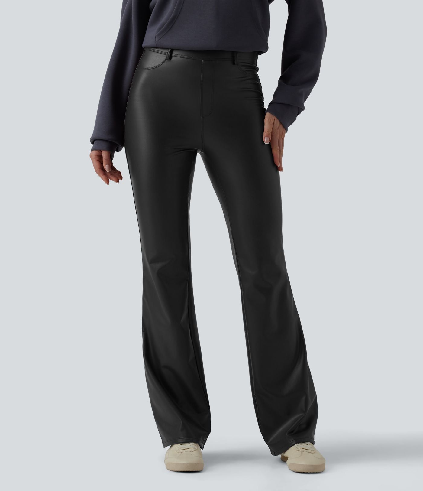Pantalon évasé décontracté taille haute en tissu enduit doublé polaire extensible avec poches