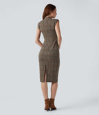 Robe de travail midi moulante sans manches col montant pied-de-poule à carreaux
