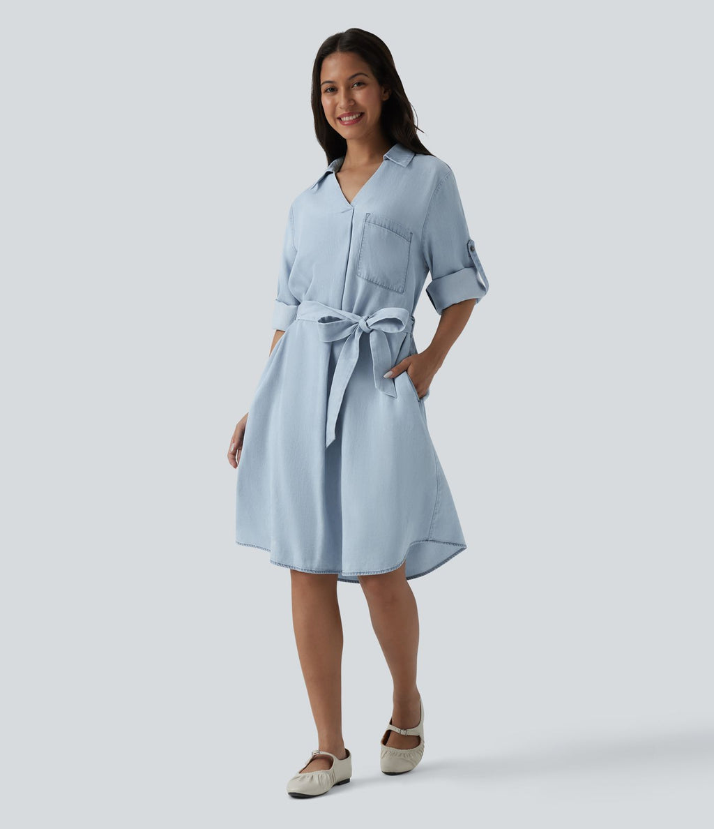 Robe courte casual denim en lyocell col V manches longues avec nœud devant et poches