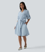 Robe courte casual denim en lyocell col V manches longues avec nœud devant et poches