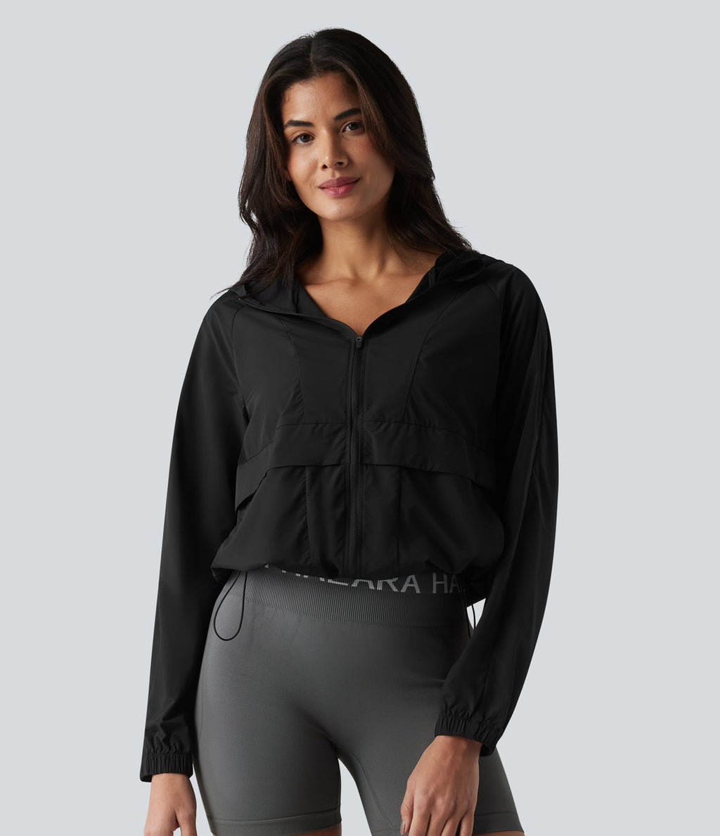 Veste de course à capuche à manches longues avec empiècements en mesh contrasté et poches – Protection UPF 50+