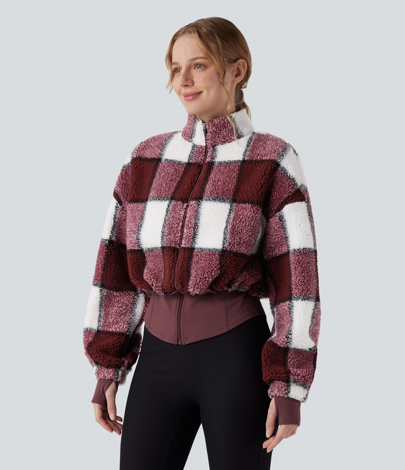 Veste 3-en-1 à col montant, manches longues, trous pour les pouces et veste sherpa à ourlet avec cordon de serrage avec poches