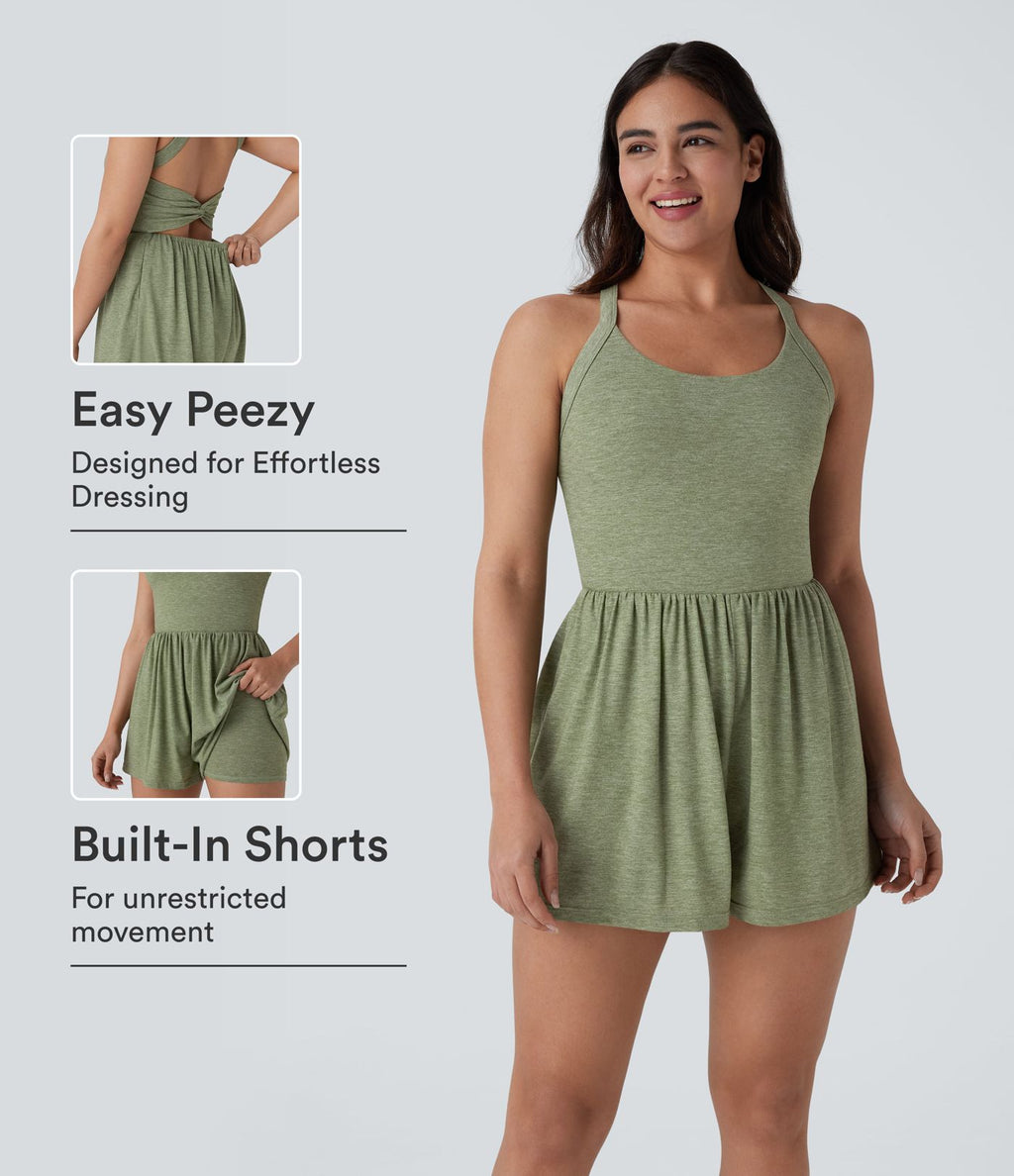 Combishort de villégiature 2-en-1 à dos nu, design torsadé, poches latérales - Édition Easy Peasy