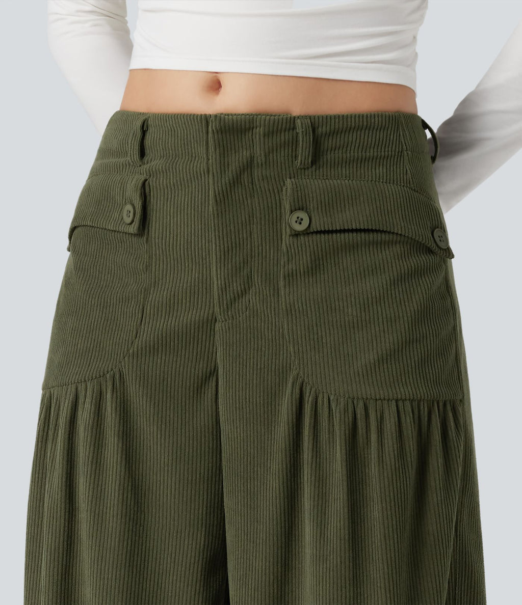 Pantalon décontracté large taille mi-haute en velours côtelé avec poches