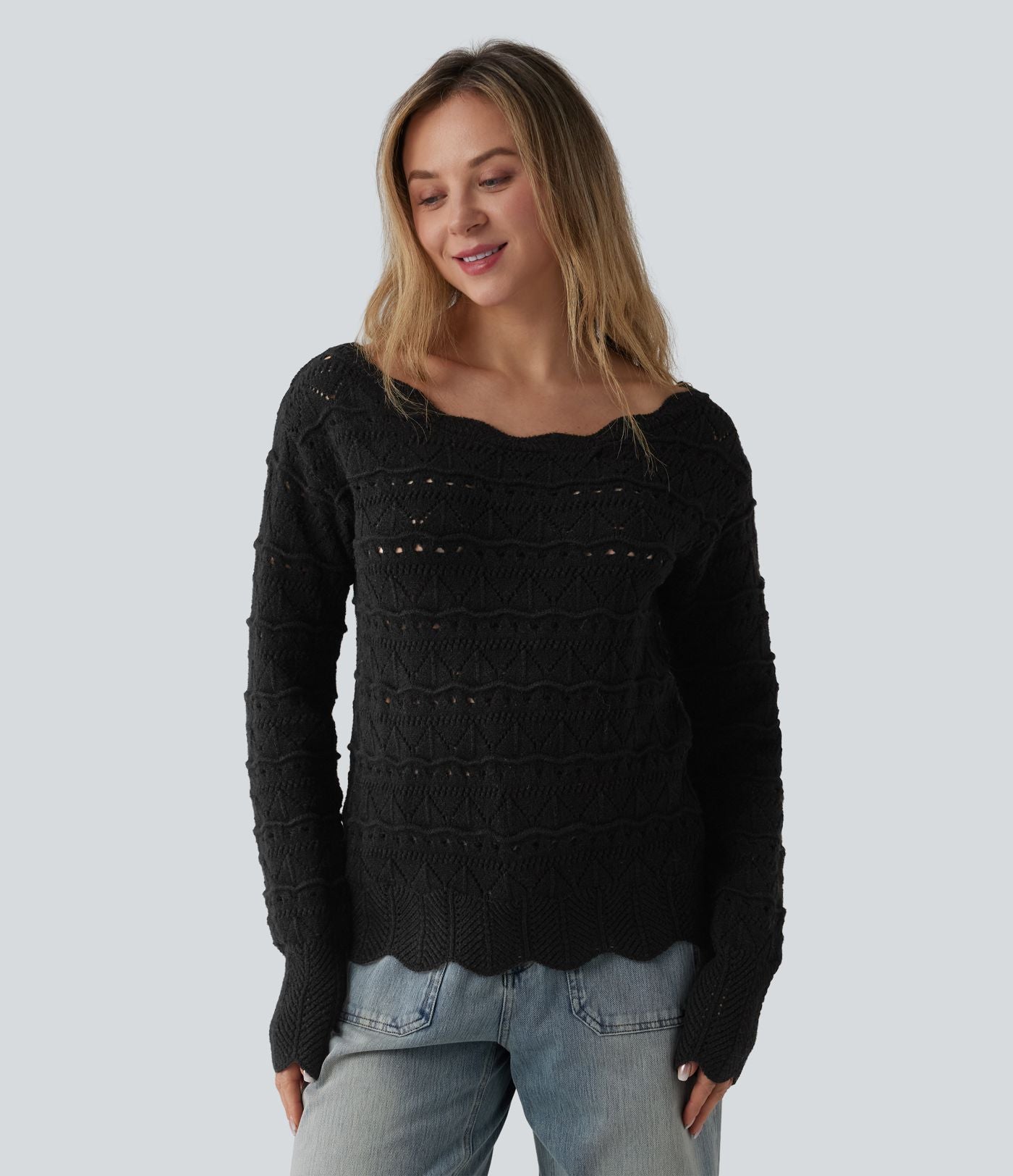 Pull décontracté col bateau manches longues maille ajourée
