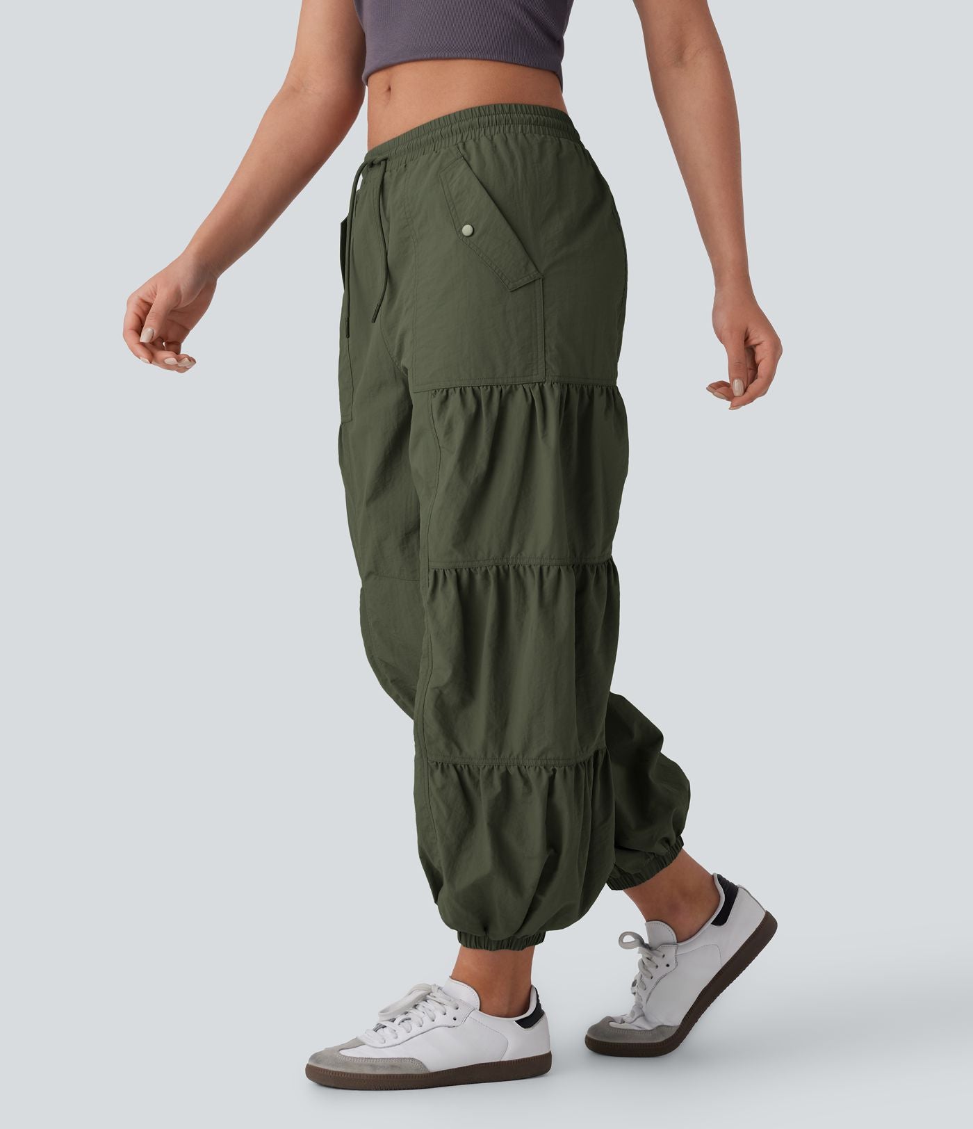 Jogging cargo décontracté parachute taille moyenne à cordon avec poches latérales et fronces