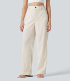 Pantalon décontracté coupe droite taille haute aspect lin avec poches